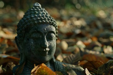 Buddha statue in the autumn park with leaves and bokeh