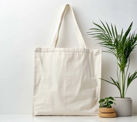Stylish blank tote bag displayed beside a potted plant on a minimalist background in a well-lit indoor space
