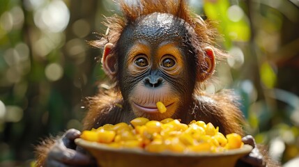 Orangutan Enjoying a Bountiful Meal of Fruits and Leaves, Demonstrating Resourcefulness in Foraging.