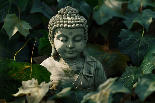 Buddha statue in the garden, closeup of photo