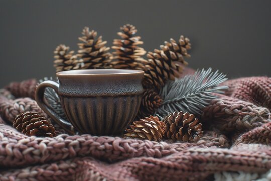 Cup of coffee wrapped in a warm scarf and pine cones