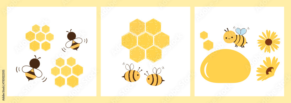 Wall mural Beehive honey sign logo with hexagon grid cells, honey drop, bee cartoons and yellow flower isolated on white background vector.