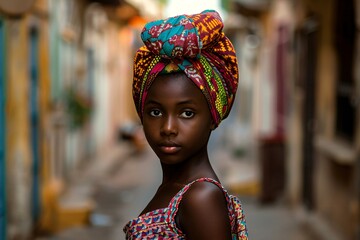 Beautiful african woman with headscarf in the street - obrazy, fototapety, plakaty