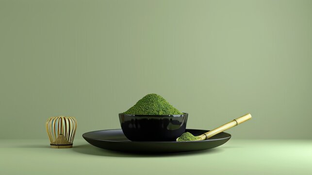 Matcha powder and a bamboo tea scoop isolated on a light green background. Japan tea ceremony utensils.