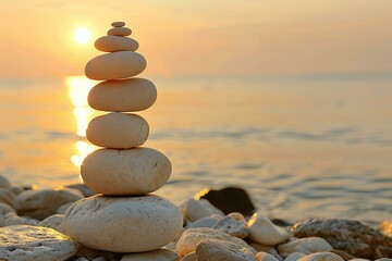 Stack of zen stones on the beach at sunset,  Zen concept