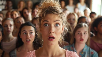 Surprising reaction of a young woman in a crowded gathering during a dramatic performance at a local theater
