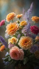Vibrant bouquet of flowers captures viewers attention, showcasing harmonious blend of colors, textures. Blossoms, in full bloom, exhibit variety of hues including soft peach, deep magenta, lavender.