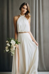 Fototapeta premium Elegant woman in a flowing white dress holding a bouquet stands in a softly lit indoor space for a bridal shoot