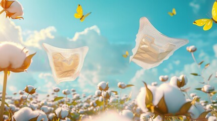 Fototapeta na wymiar Advertisement for sanitary pads depicting two sanitary pads floating over a cotton field on a sunny day with yellow butterflies flying around. Idea for soft textured pads.