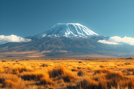 Majestic Kilimanjaro Looms over Tanzanian Plains. Concept Mount Kilimanjaro, Tanzania, East Africa, Highest Peak, Volcanic Mountain