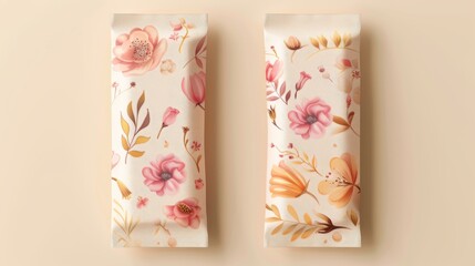 An illustration on the pack of two sanitary pads shows floral illustrations on a light yellow background in a realistic perspective