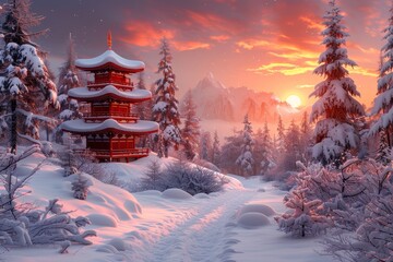 Snowy Landscape With Pagoda - obrazy, fototapety, plakaty