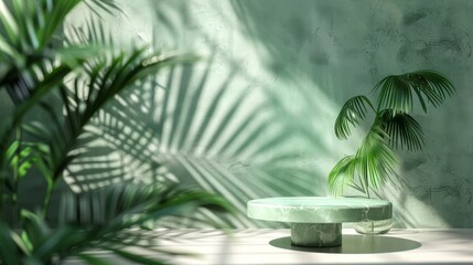 Fototapeta na wymiar The background of a podium with wave tropical leaves shadows and textured glass wall in 3D is green with tropical leaves shadows.