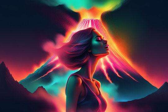 Artistic image of erupting volcano pink blue green orange techno female dj