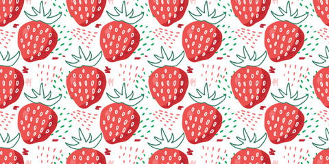 Seamless Red Strawberry pattern. Doodle Vector red sweet juicy berries organic food. Scribble style with fresh fruit for healthy diet. Summer tropical prints for textile, wallpaper, packing, wrapping