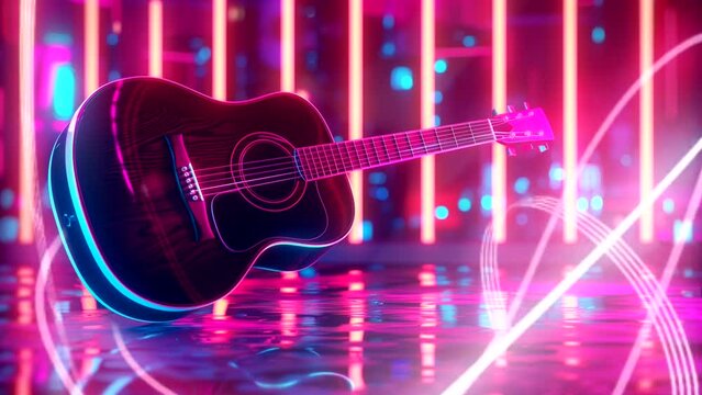 Guitar on a music stage with neon lighting, world music day concept. seamless looping 4k time-lapse video background