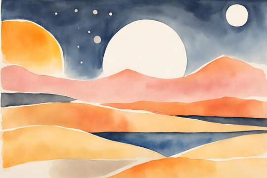 Watercolor artistic image of midcentury modern simple graphic style orange low hill, pink hill, yellow hill, blue color moon in sky