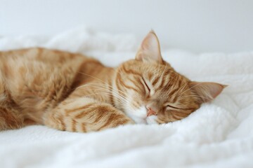 Cute ginger cat sleeping on white blanket,  Cozy home