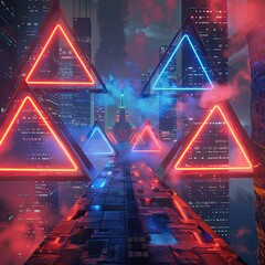 Neon lit triangles in a virtual neon cityscape