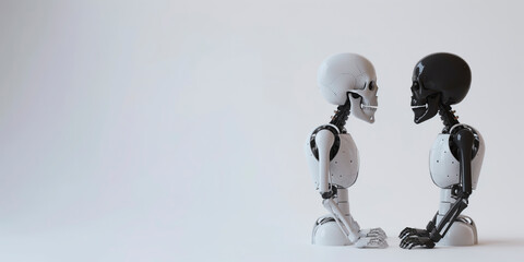 a white and a black robot human skeleton stare at each other, technological singularity concept - obrazy, fototapety, plakaty