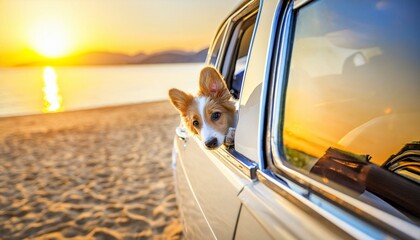 Cute puppy looking out of window of classic car on a beach