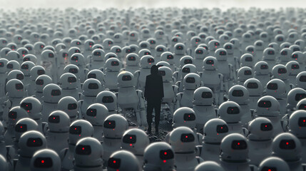 a man stands amongst a sea of robots. dead internet theory concept