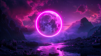 Glowing purple sphere with a moon inside, fantasy retrowave landscape with neon lights