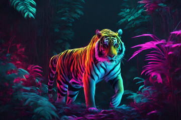 Neon 3D image of tiger in jungle - obrazy, fototapety, plakaty