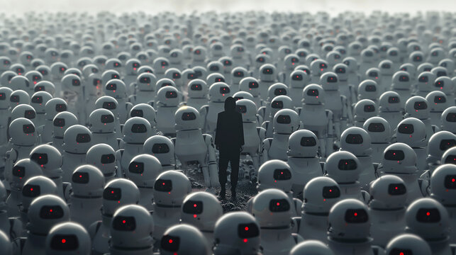 a man stands amongst a sea of robots. dead internet theory concept