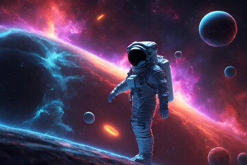 Neon 3D image of an astronaut in outer space looking at a black hole and a nebulous background, stars and galaxies