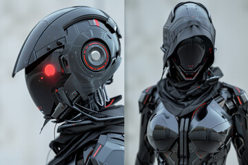 Two images of a futuristic robot with red glowing eyes, AI