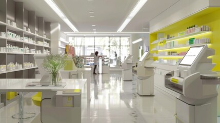 Interactive digital kiosks for quick patient service in a brightly lit, contemporary pharmacy