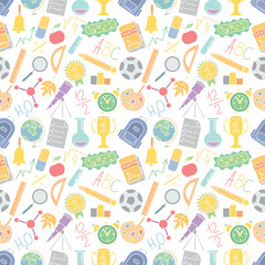 Seamless school pattern. Hand drawn doodle school background. Education illustration