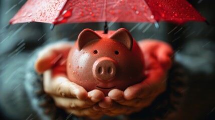 A person holding a piggy bank under an umbrella