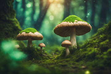 Magical fantasy mushrooms in enchanted fairy tale dreamy elf forest with green flower on mysterious background