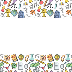 Naklejka premium Seamless school frame. Hand drawn doodle school background. Education illustration