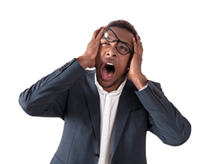 A man in business attire with a shocked expression, isolated on a white background, concept of surprise or disbelief