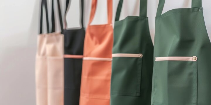 A row of colorful aprons hanging on hooks in a workshop, showcasing unique designs and practical pockets for tools or supplies - Powered by Adobe