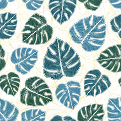 Monstera plant foliage floral repeat pattern over noisy background. Romantic