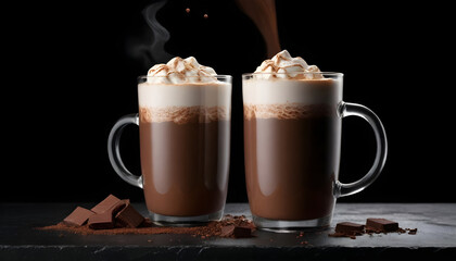 Pouring hot chocolate cocoa into glass mug on black table Dark background 2