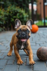 Fototapeta premium beautiful cute French bulldog puppy playing with a ball 