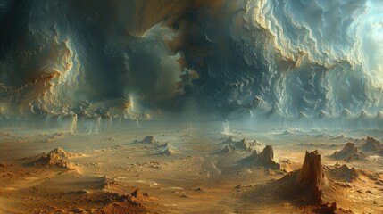 Panoramic View of Desert Landscape Under Brooding Sky. - obrazy, fototapety, plakaty