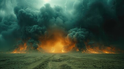 Panoramic Landscape View of Firestorm and billows of black smoke in the Desert Under a Brooding Sky.