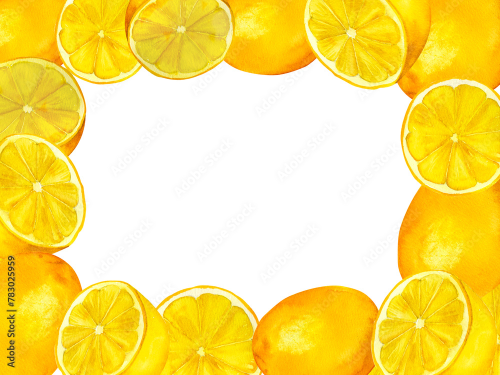 Wall mural cirtus lemons watercolor frame, hand-painted composition for printing on cards, invitations, recipes