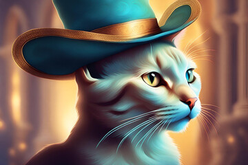 Baroque artistic image of a cat with a hat - obrazy, fototapety, plakaty