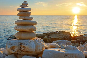 Fototapeta na wymiar Stacked zen stones on the seashore at sunrise