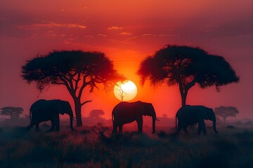 Fototapeta na wymiar Elephant Silhouettes at Dusk: Serenity in Savanna. Concept Wildlife Photography, Nature in Africa, Sunset Scenes, Animal Silhouettes, Safari Adventures
