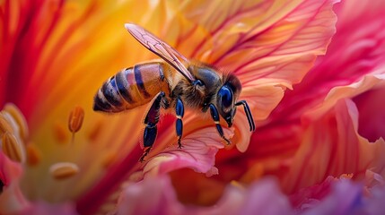Against a tapestry of colors, a honey bee navigates the intricate folds of a flower, its mission clear: to gather nature's sweetest treasures. - Powered by Adobe