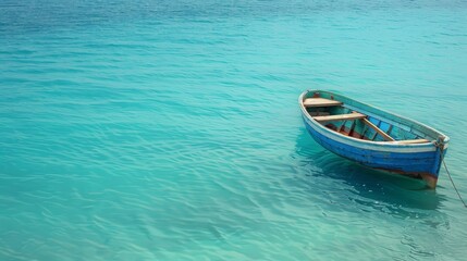 A blue boat is floating in the ocean
