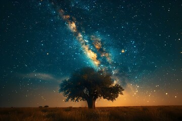 Starlit Serenity Over Savanna. Concept Starry Night, Serene Landscape, Wildlife Photography, Animal...